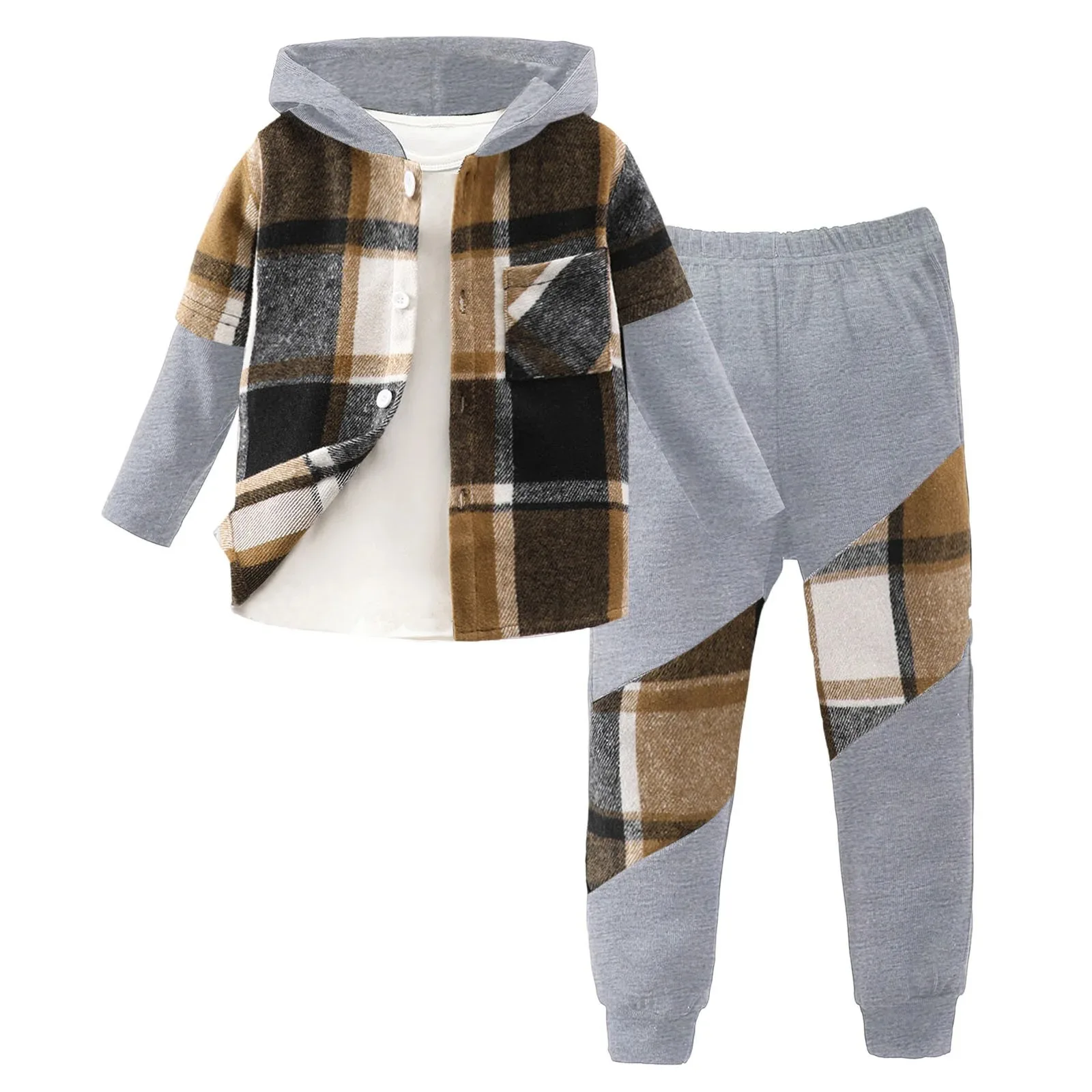

Jacket Baby Boy Boys Plaid Pullover Jacket And Pants Set Comfortable Warm Cardigan Hooded Set Short Shirt