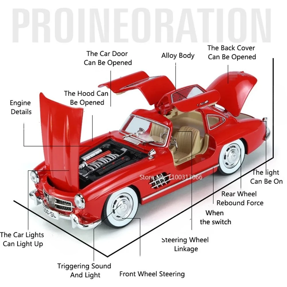 1:24 in miniatura 300SL modello di auto d'epoca giocattoli pressofusi in lega suono luce porte aperte tirare indietro assorbimento degli urti ornamenti modelli