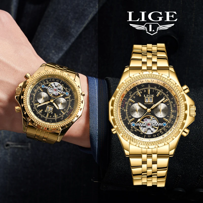 LIGE Men Luxury Automatic Mechanical Watches Date Waterproof Top Brand Business Clock Stainless Steel  Wristwatch Reloj Hombre