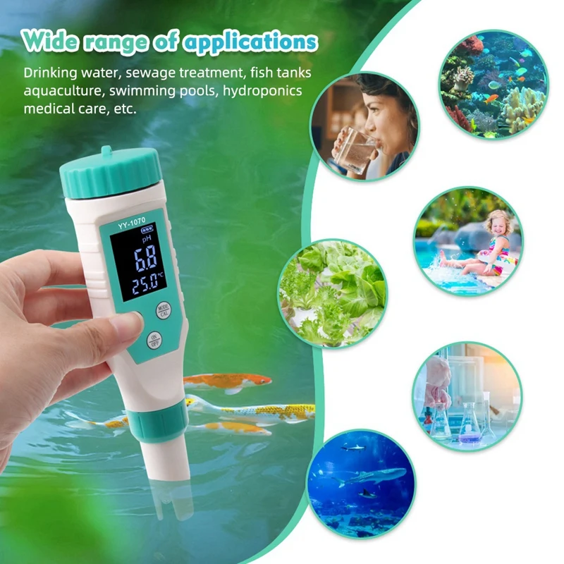 7-In-1 PH/Free Chlorine/ORP/EC/TDS/Salinity/Temp Water Quality Analyzer PH Meter Pool Salt Tester For Aquarium