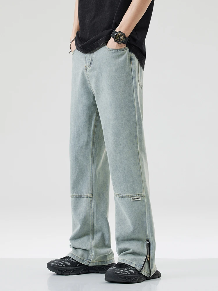 

Streetwear Zipper Jeans Men's Y2k Pants Korean Vintage Fashion Casual Straight Wide Baggy Denim Trousers Male Clothes