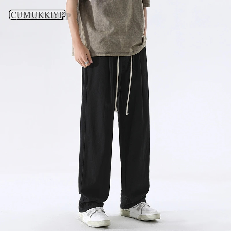 

CUMUKKIYP Mens Pants Summer Thin Casual Fashion Wide Leg Trousers Male Brand Loose Straight Baggy Hosen Black Khaki