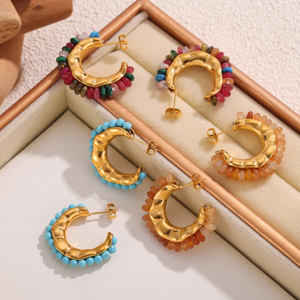 

Fashion Personalized and Elegant Jewelry Inlaid with Colorful Natural Stone Design Titanium Steel Earrings