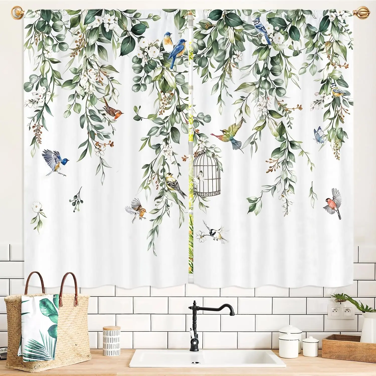 Elegant Botanical Leaf and Bird Pattern Curtain Pair 2pcs Cottagecore Woodland Nature Curtains for Window Home Decor
