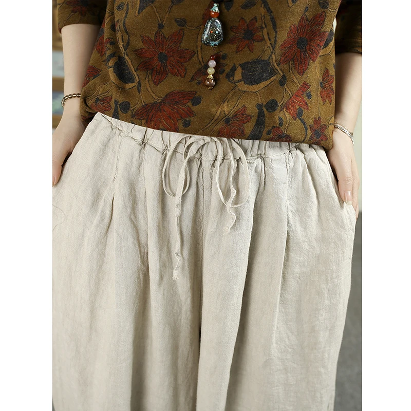 2026 New Arrival Autumn Arts Style Women Full Length Pants Casual Loose High-quality Cotton Linen Elastic Waist Harem Pants Q222