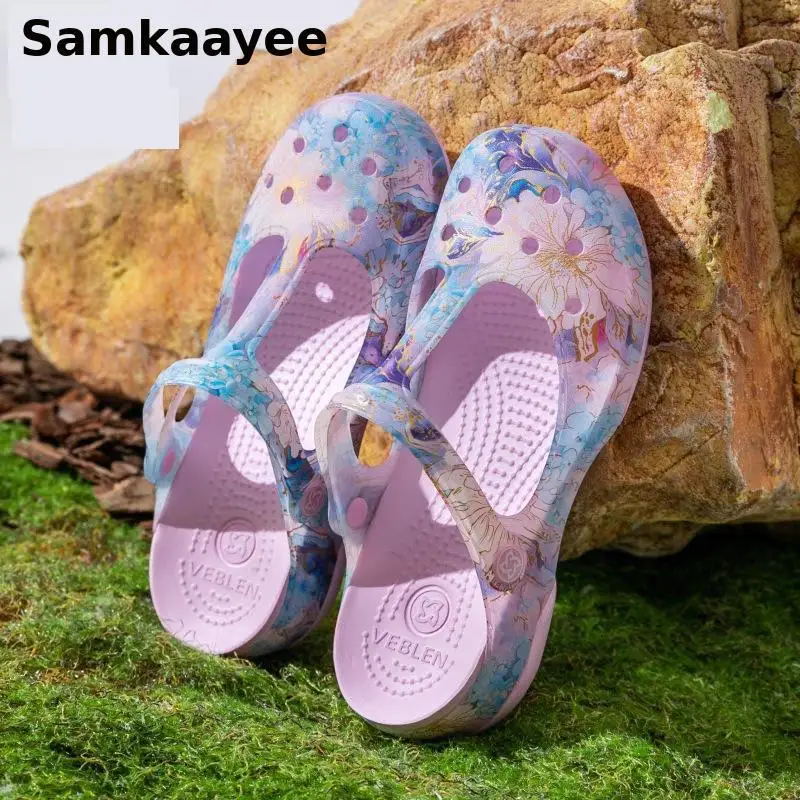 

35-40 Womens Sandals Summer Mules Clogs Female Slippers Print Flower Garden Shoes Soft Bottom Breathable Jelly Beach Zapatos y43