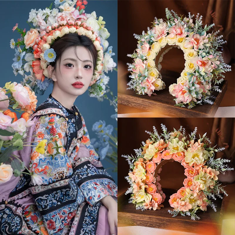 

Оригинальный дизайн, многослойные ленты для волос с цветами, сказочная вечеринка, головной убор для фотосессии, элегантный головной убор с короной для невесты