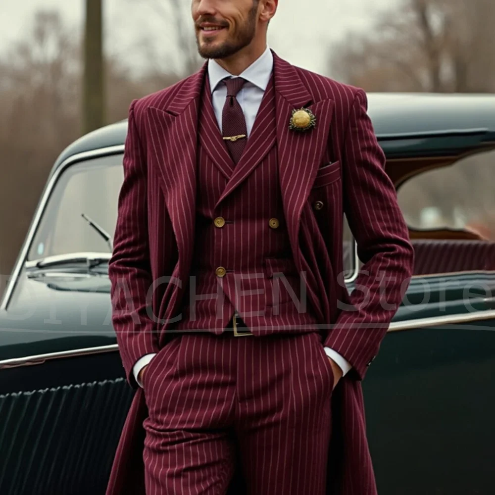 

Men's Burgundy Pinstripe Suit Set with Long Coat Formal Vintage Outfits for Wedding Party Fashion Business Casual Suits 3 Piece