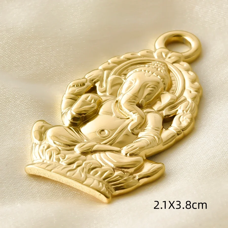 5 Stück goldfarbene Buddha-Kopf-Om-Anhänger, Fatima-Hand, Baum, Lotus, Edelstahl-Anhänger für die Schmuckherstellung, Halskette, Schlüsselanhänger, Zubehör – Detail 1
