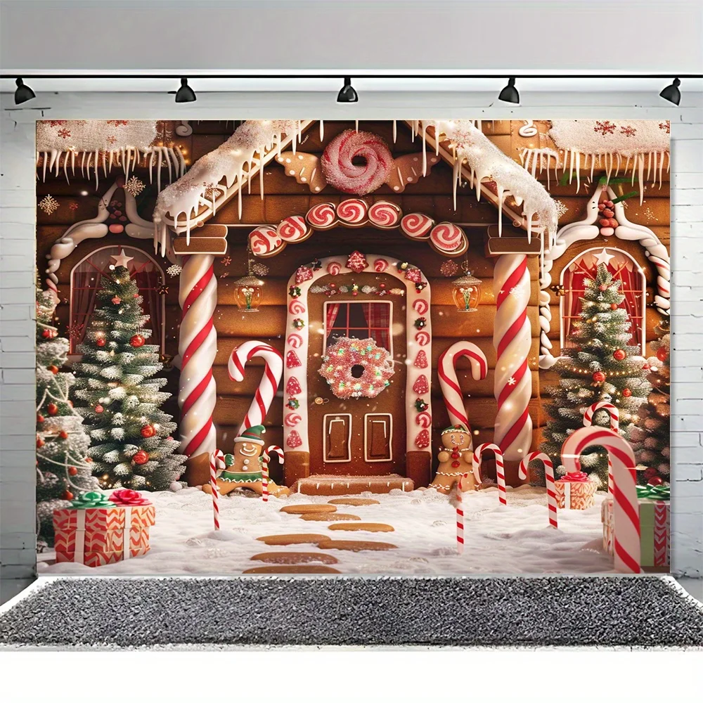 Christmas gingerbread house and snow tree party background fabric - multifunctional polyester decoration