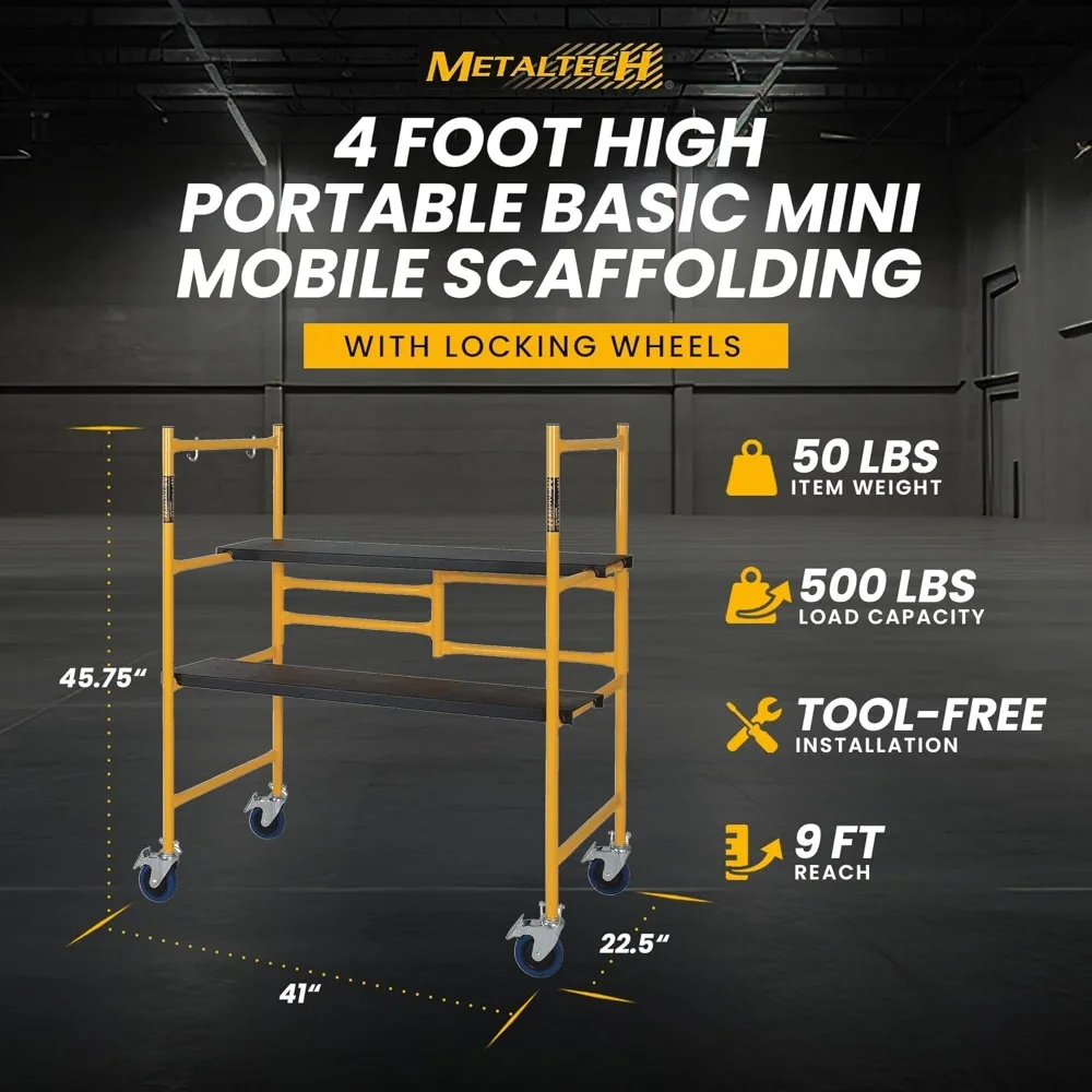 9 Ft Reach Scaffolding Platform, 500 Lbs Capacity Adjustable and Portable Scaffold Ladder w/Locking Wheels