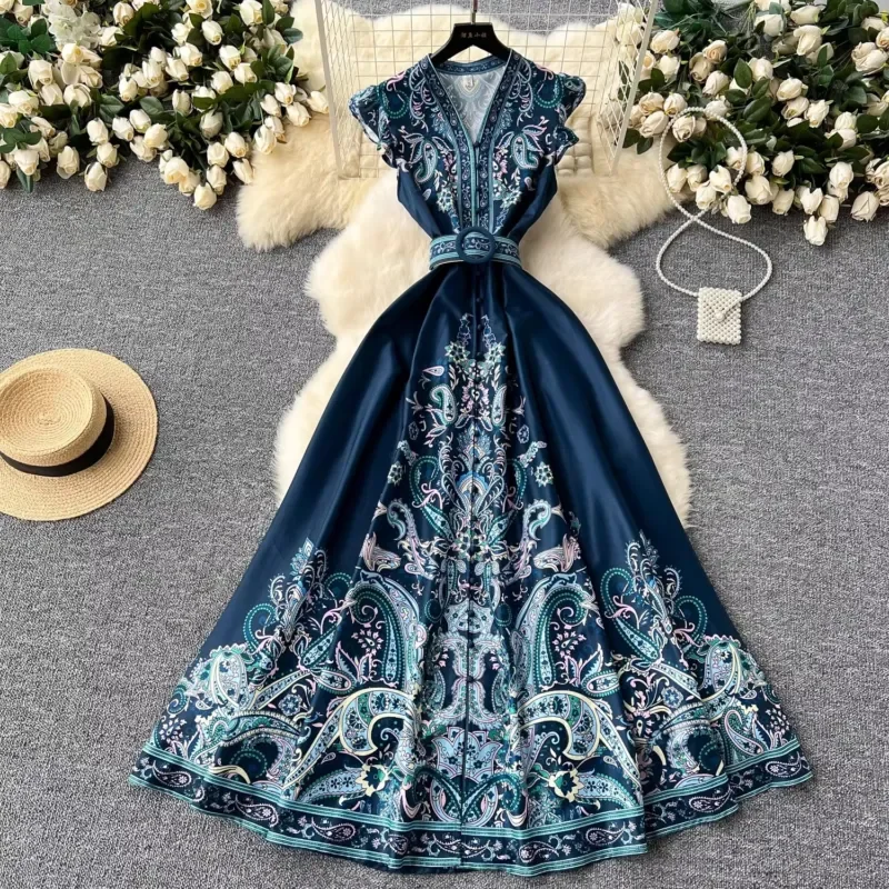 Women Vintage Paisley Print Dress V Neck Fly Sleeve Single Breasted Belted Long Party Summer Fashion Runway Style Vestidos