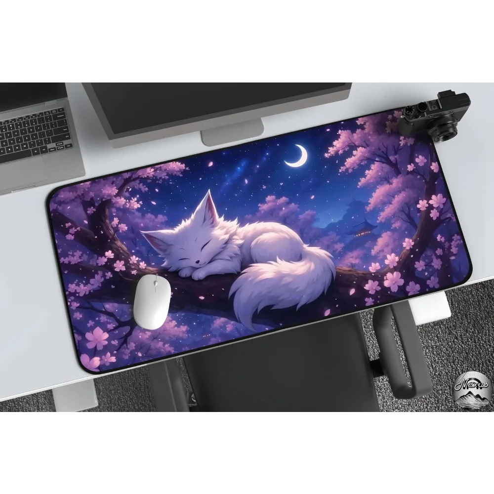 Kawaii White Fox Anime Mousepad With Cherry Blossoms, Cute Sakura Kitsune Desk Mat With Night Sky And Moon desk accessories