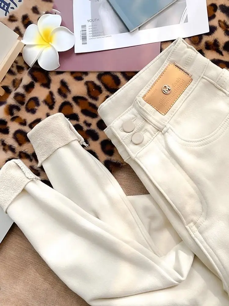 Apricot Slim-fitting Jeans Women Velvet and Thickening Autumn and Winter New Commuter Slimming High-waisted Pencil Boot Pants