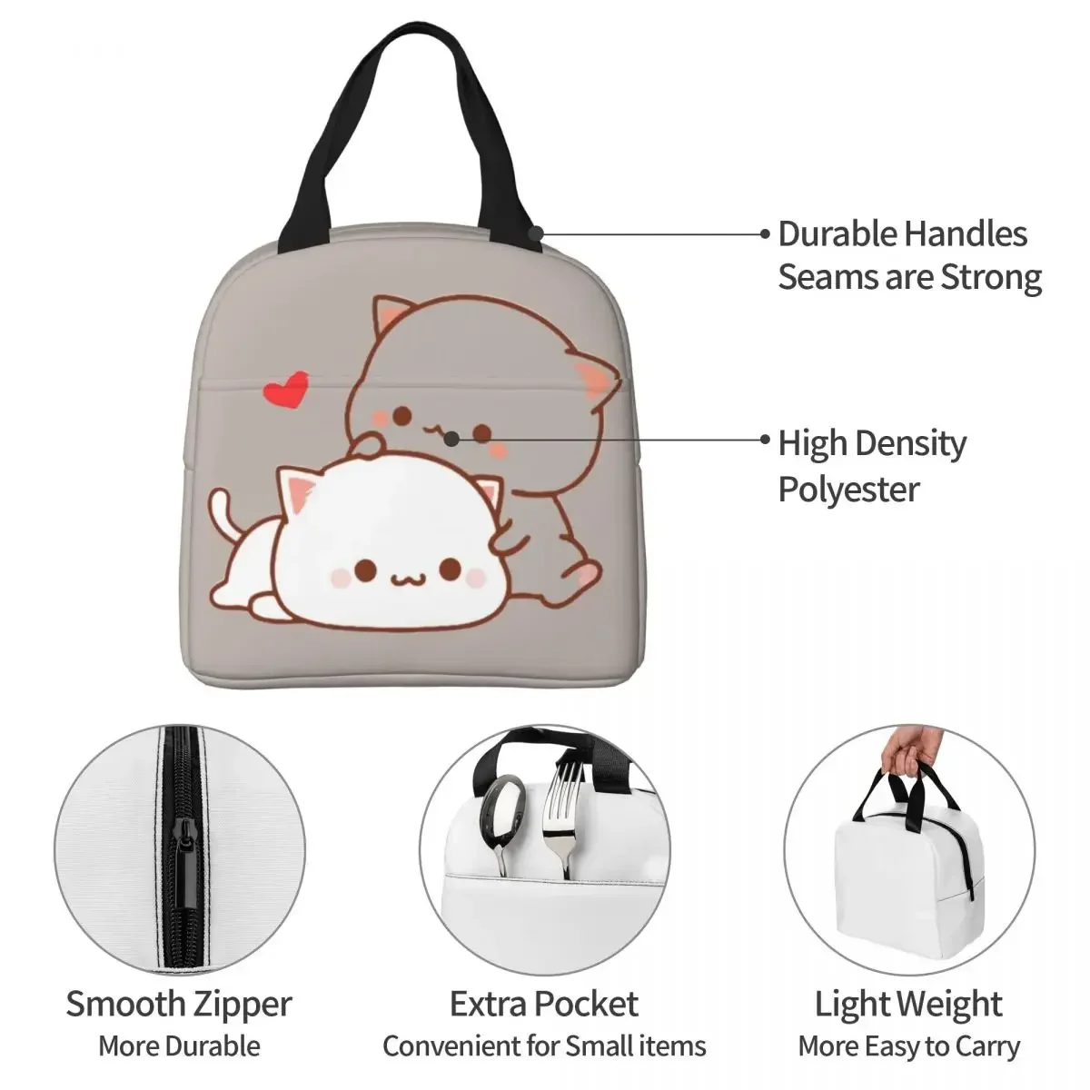 Kawaii Peach And Goma Cartoon Insulated Lunch Bag Cooler Bag Meal Container Mocha Mochi Peach Cat Portable Tote Lunch Box