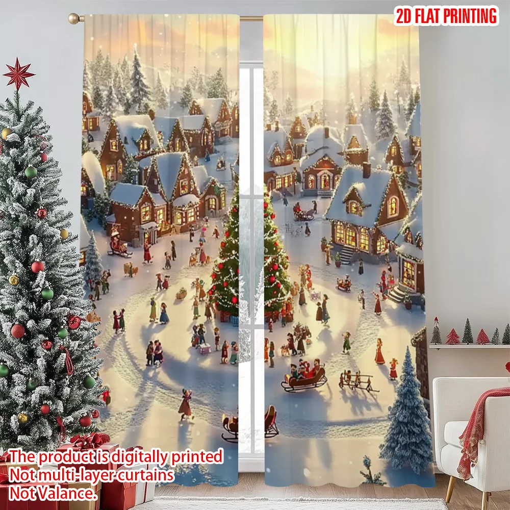 

2pcs 2D flat printing Christmas Drapes Winter Village Durable 100% Polyester Fabric Without Electricity Spring for Photo Booths