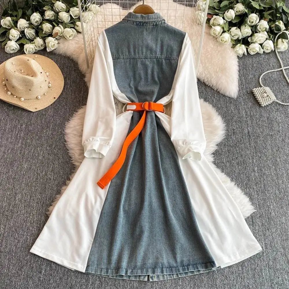 

Elegant Turn-Down Collar Long Sleeve Patchwork Mujer Women Lace Up Denim Small Fellow Robe Big Swing Loose Slim Vestidos