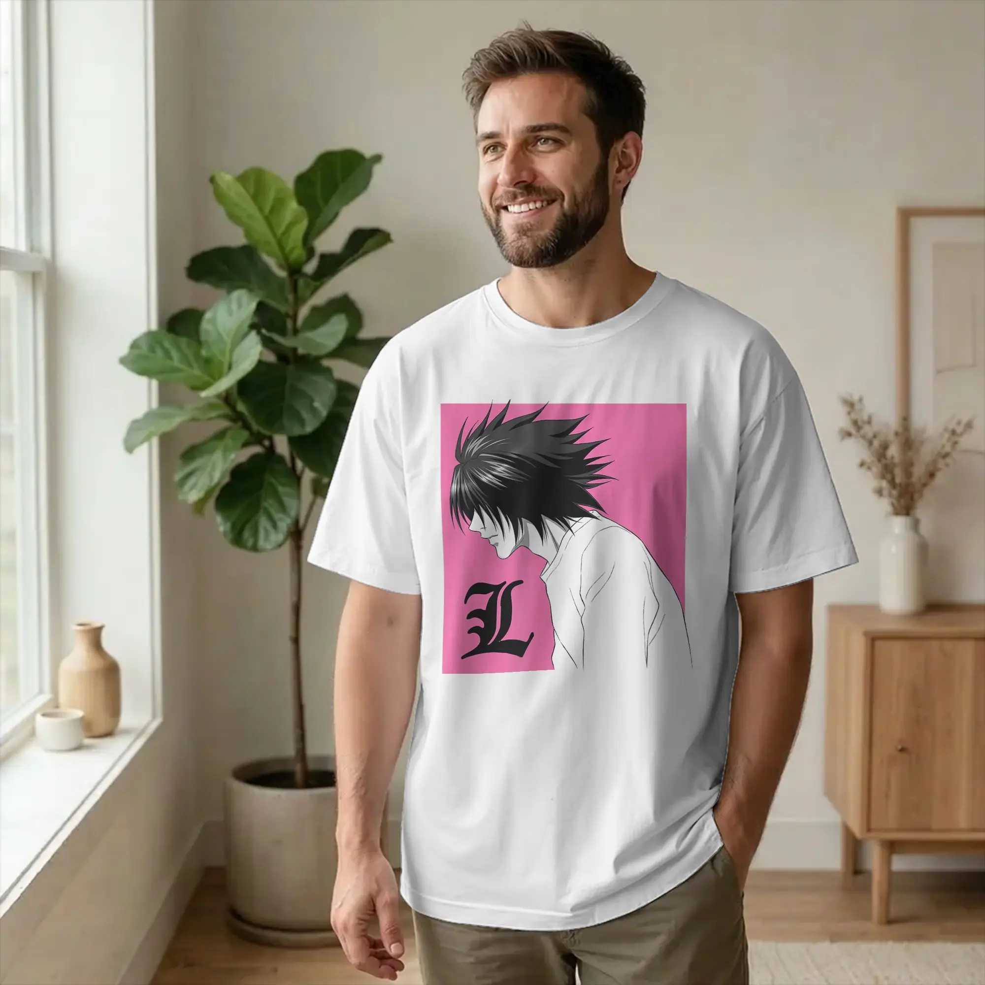 Death Note L Profile in Pink Box Anime Tshirts Men 100%Cotton Tops Print  O-neck Short Sleeve