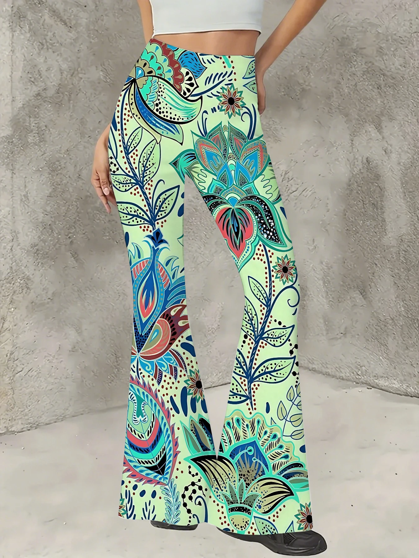 

Retro Printed Flare Pants Women High Waist Polyester Knit Bell Bottom Trousers