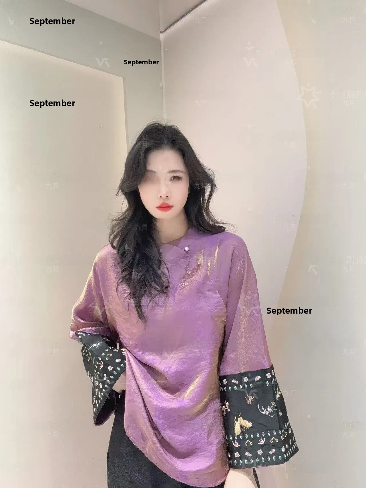 

New September Purple Embroidered Ruffle Heavy Work Floral Pattern Slimming irt Hand Wa Ladies Faion Hanfu Top