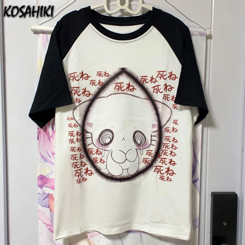 Grunge Y2k Aesthetic Contrast Color T-shirt Women Japanese Cartoon Print Loose Graphic T Shirt Harajuku Oversized Fairy Tops