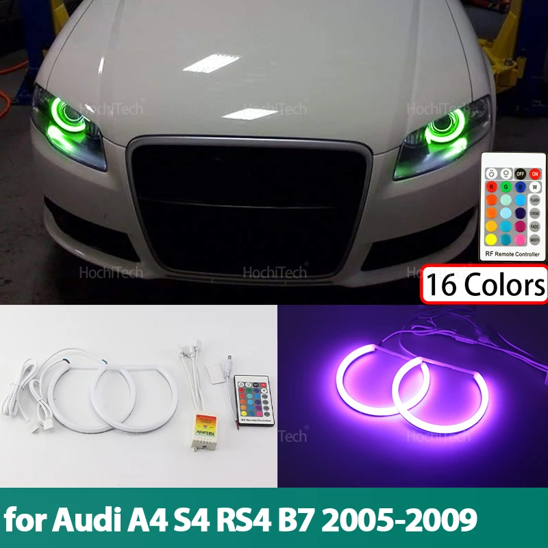 

Комплект хлопковых колец RGB Angel Eyes, 16 цветов, пульт дистанционного управления с вспышкой для Audi A4 S4 RS4 B7 2005 2006 2007 2008 2009, аксессуары