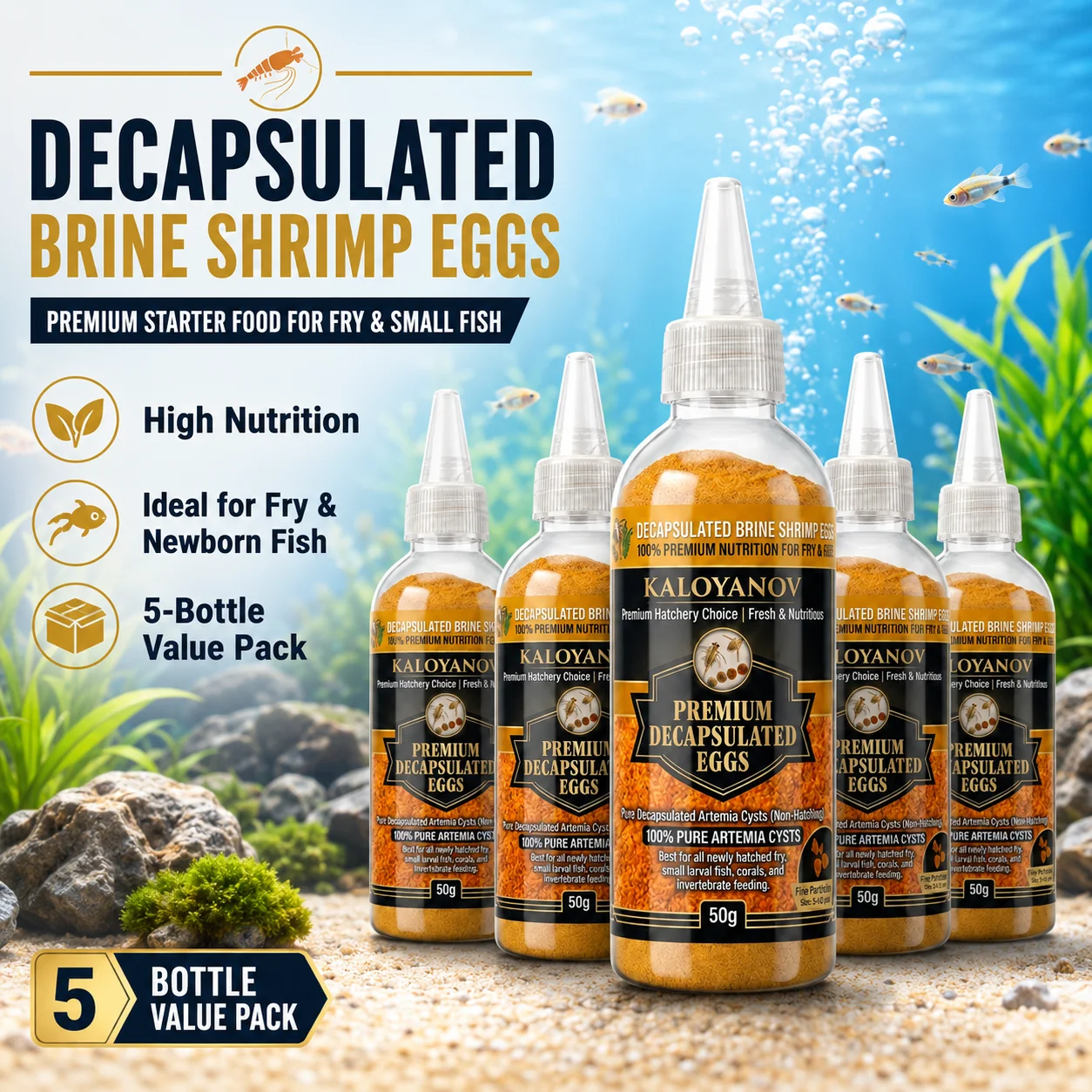 Huevos de Artemia Decapsulados, Paquete Económico Multi-Botella, Alimento Nutritivo para Peces, para el Crecimiento de Peces Tropicales Pequeños, Alevines y Bettas