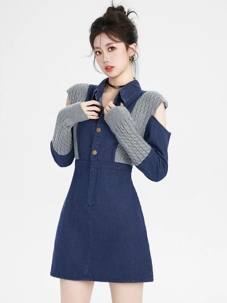 

Korea Women Dress Denim Patchwork Vintage Short Dress Long Sleeve A-Line High Waist Mini Dress Vestidos