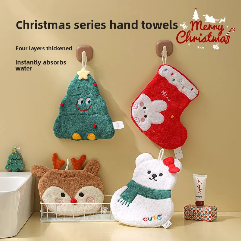 1pcs color random Christmas hand towel, hanging coral velvet sponge thick towel, absorbent quick drying children's cartoon embro