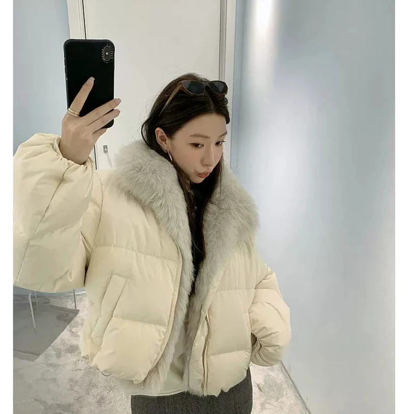 ZAROY Women's Winter Jacket Luxury Fox Fur Collar Puffy Thicken Warm Cotton Short Coat High Street Fashion Outwear Parkas куртка