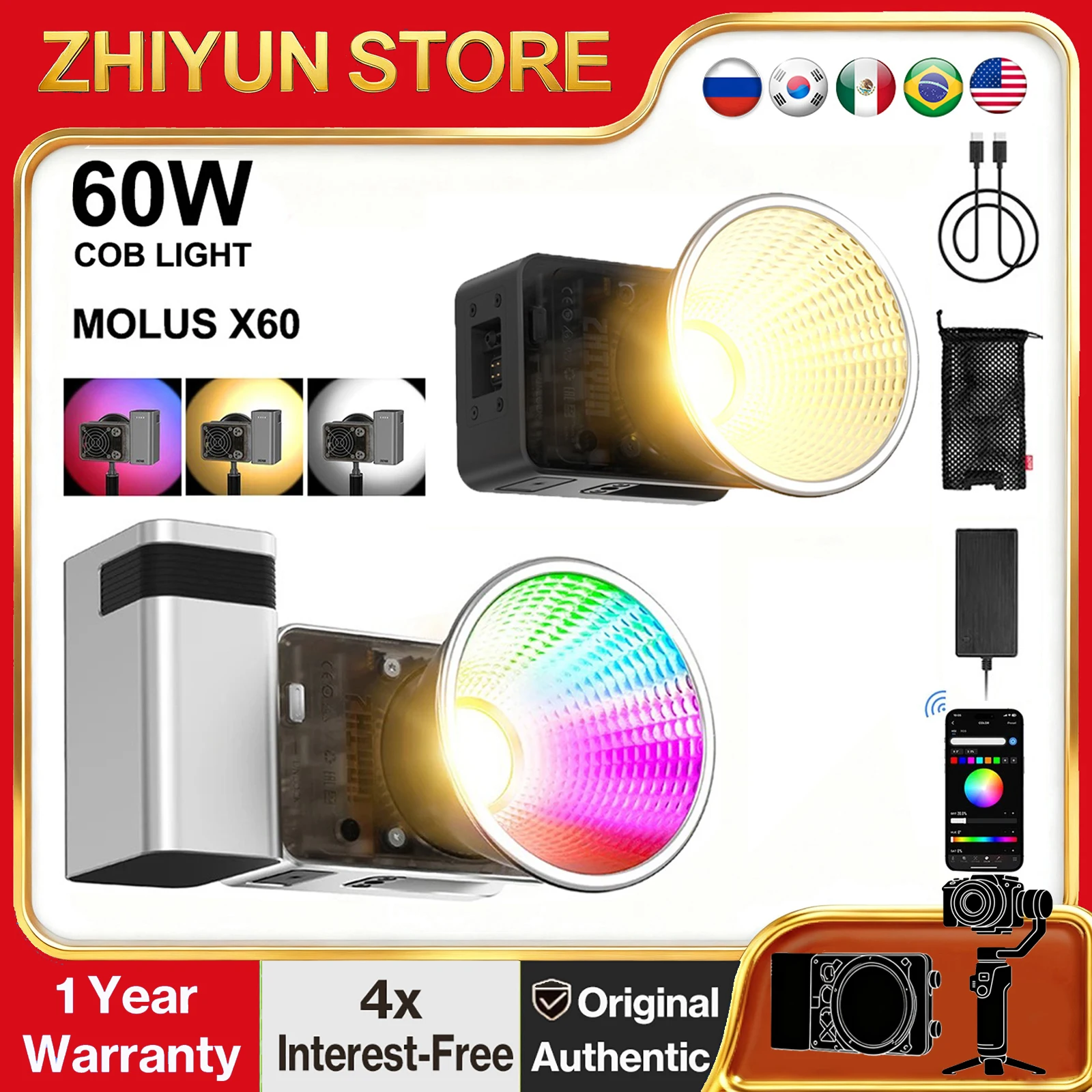 

ZHIYUN MOLUS X60 RGB X60 Bicolor 60W COB Video Light LED Pocket Fill Lamp Portable Outdoor Photography Lighting for Shooting