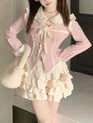 Autumn Japanese Kawaii Two Piece Set Women Hollow Out Designer Sweet Skirt Set Female Princess Ruched Cake Skirt Suit 2023 New