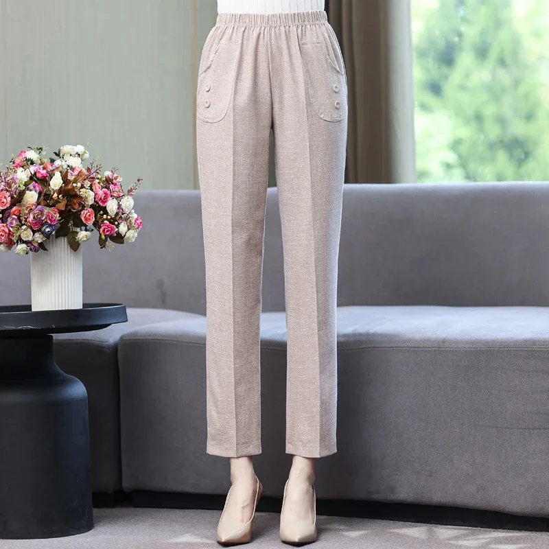 

2023 Summer High Waist Pants Women Loose Vintage Elastic Waist Cotton Linen Trousers Summer Middle-aged Woman Basic Bottoms