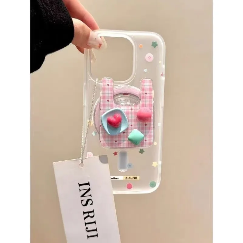 Kawaii 3D Heart Magnetic Phone Grip Stand Folding Airbag Holder Bracket Anti-Drop Finger Socket Pink Plaid Phone Decor Accessory