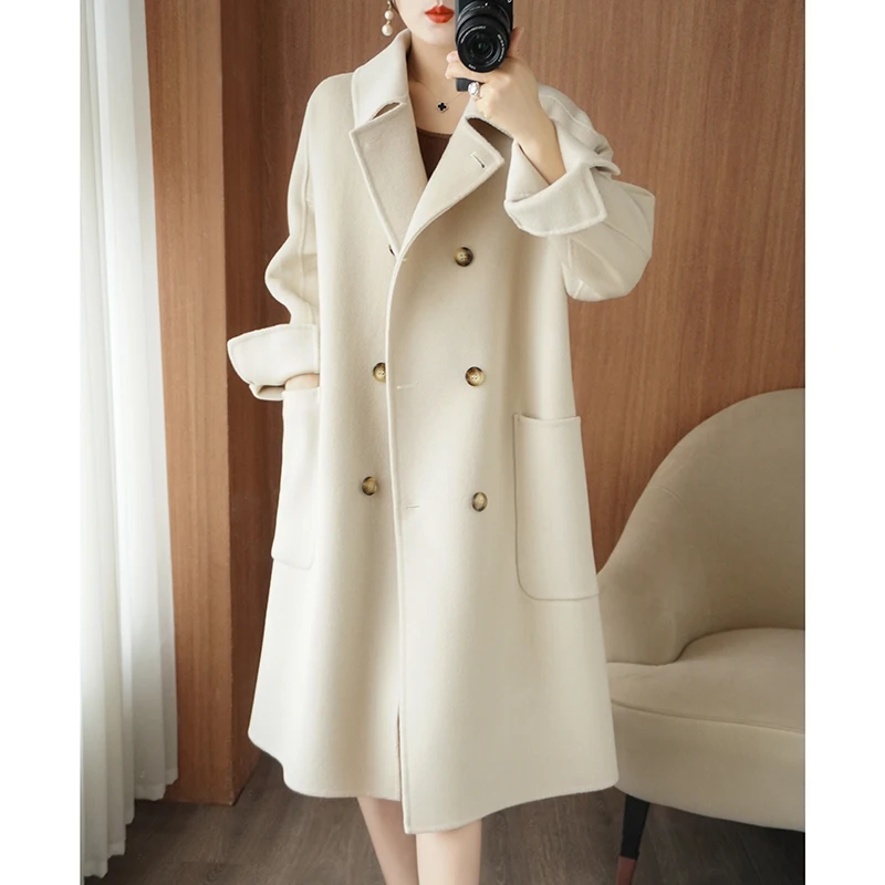 Ladies' 100% cashmere thick double-sided extended coat, classic, versatile and fashionable for business and leisure