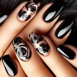 24pcs/ser Black Rose Flower Medium Square Press on Nails Decorated Acrylic False Nail Art Fake Nails Set Finger Nails for Gluing