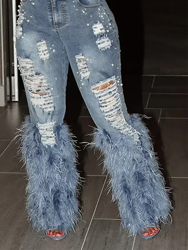 Fashion Women\'s Jeans Tassel Holes Vintage Feather High Waist Y2K Streetwear Casual Denim Pant Spring Skinny Hollow Out Trousers