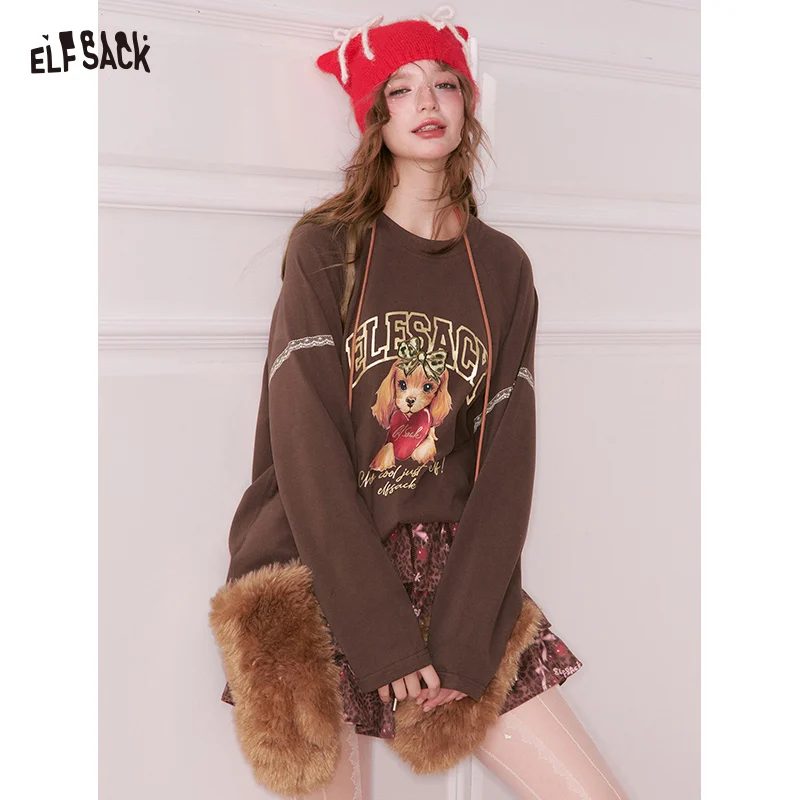 ELFSACK Y2K Casual Loose Puppy Letter Graphic Lace Long Sleeve Tshirt For Women