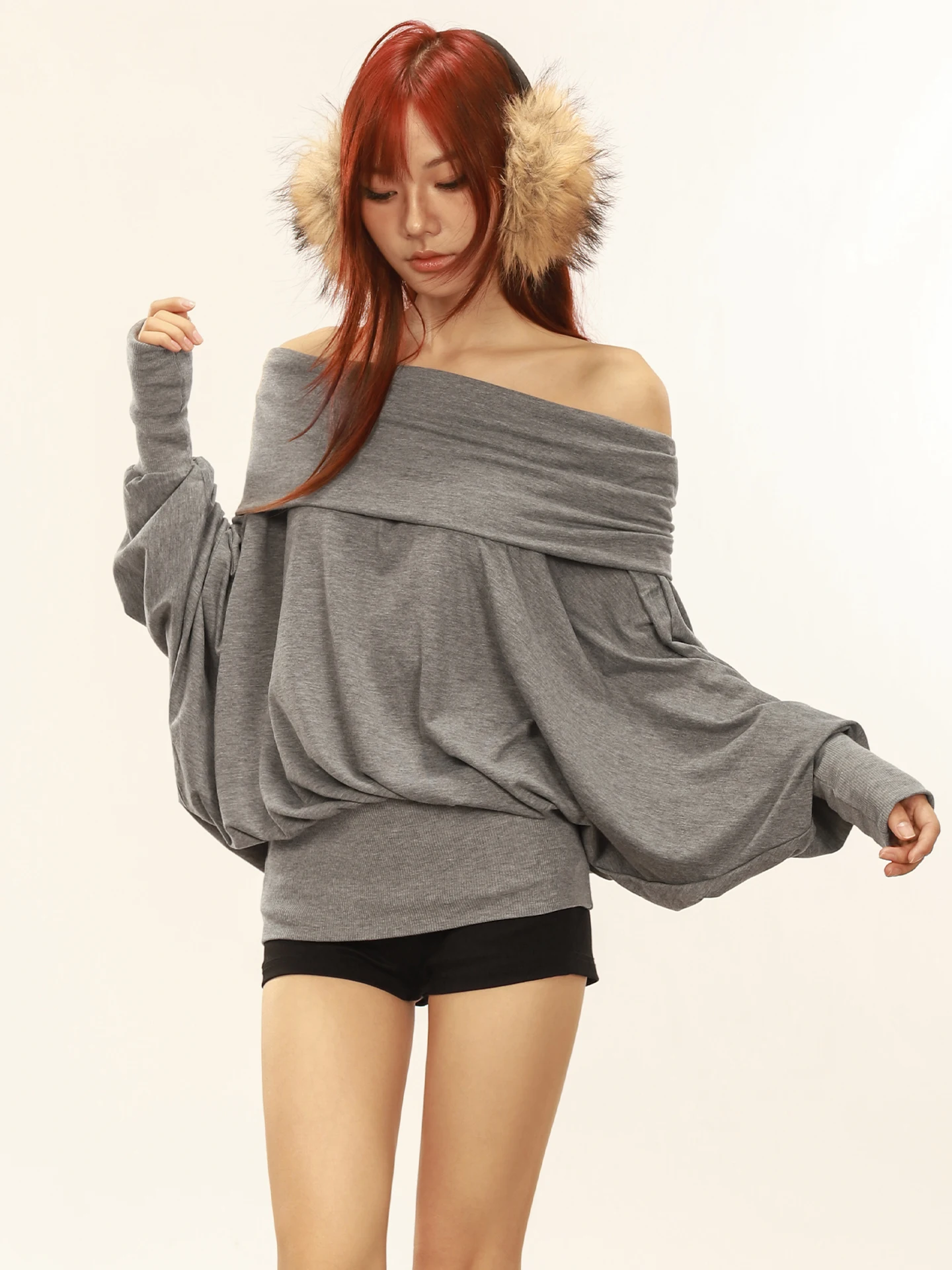 

Rre American Retro Lazy Batwing Sve Loose Top Women's Autumn New Sle Turn-down Collar Waist-cinched Long Sve T-irt