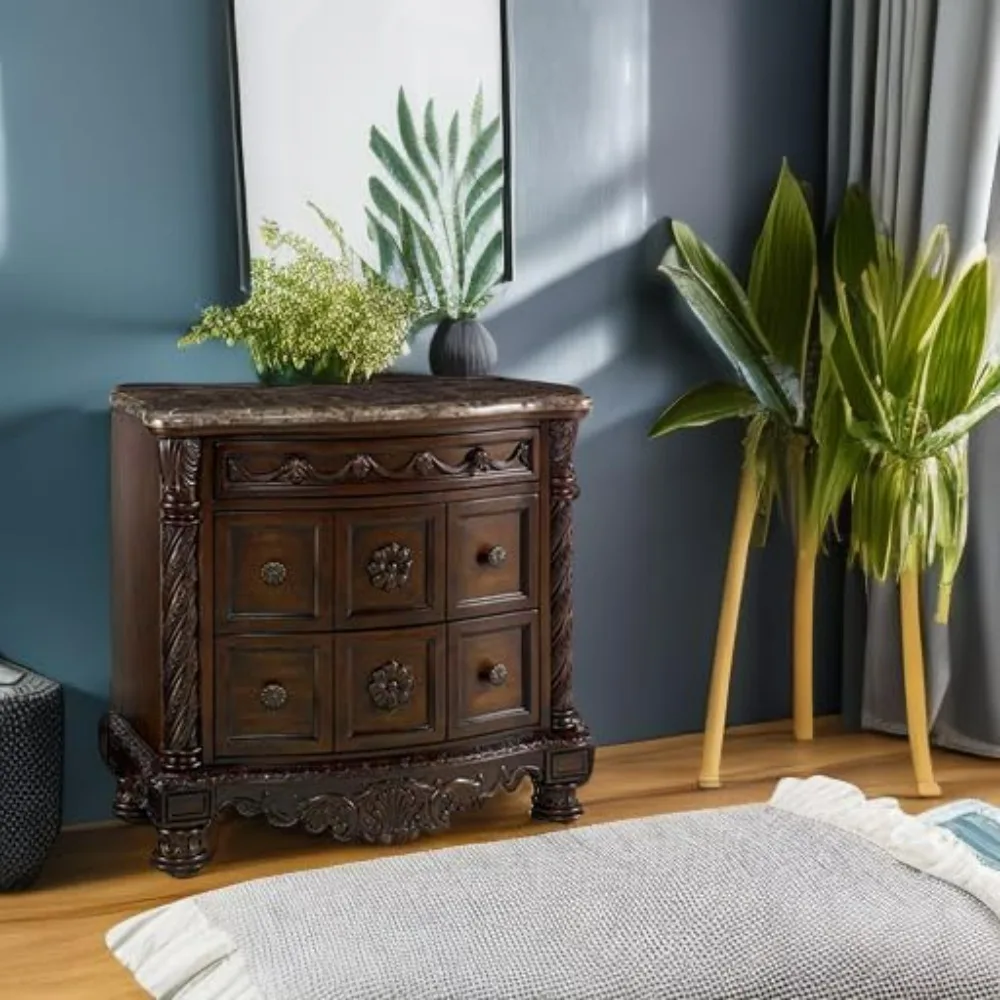 

3 Drawer Nightstand with Marble Inlay Top, Dark Brown Wood Beside Table, End Table