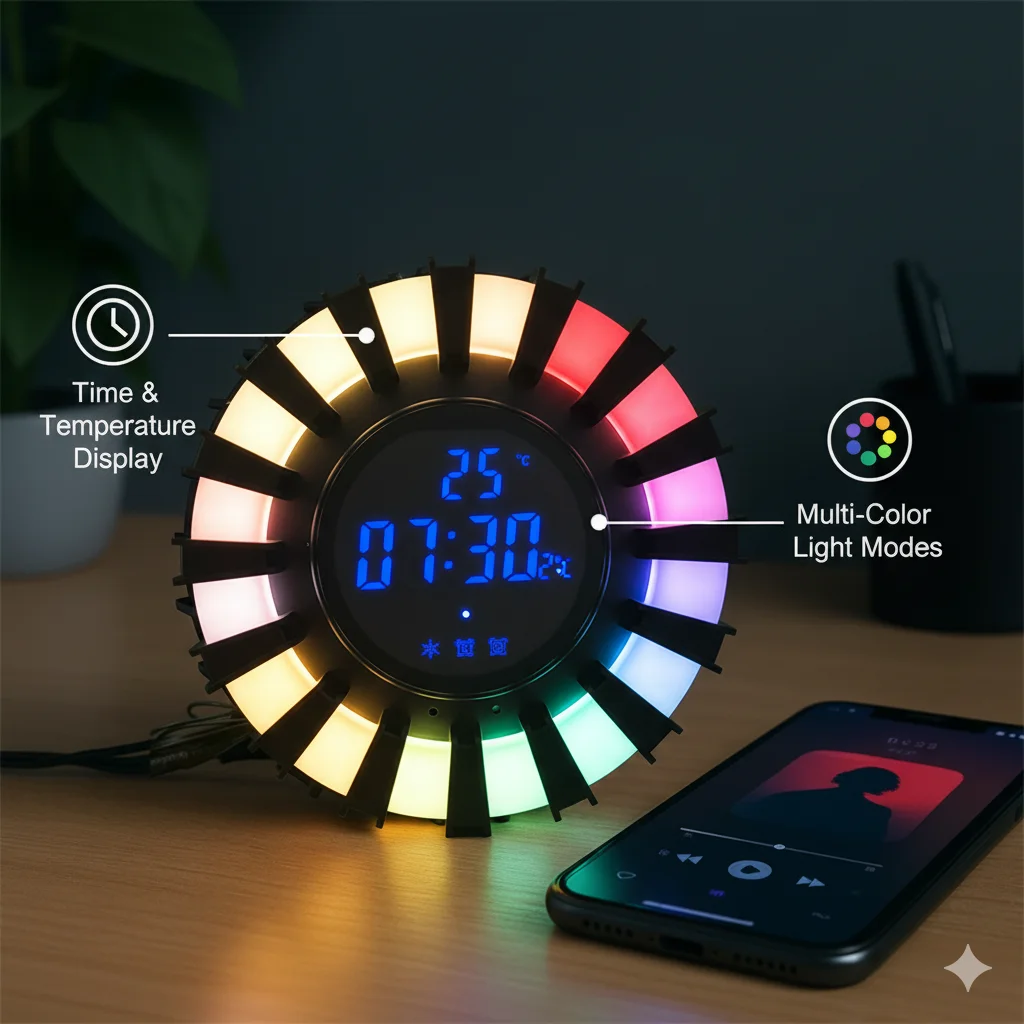

Цифровой будильник с RGB-подсветкой, Bluetooth-динамик, дисплей температуры, многофункциональный светодиодный окружающий свет для стола в спальне