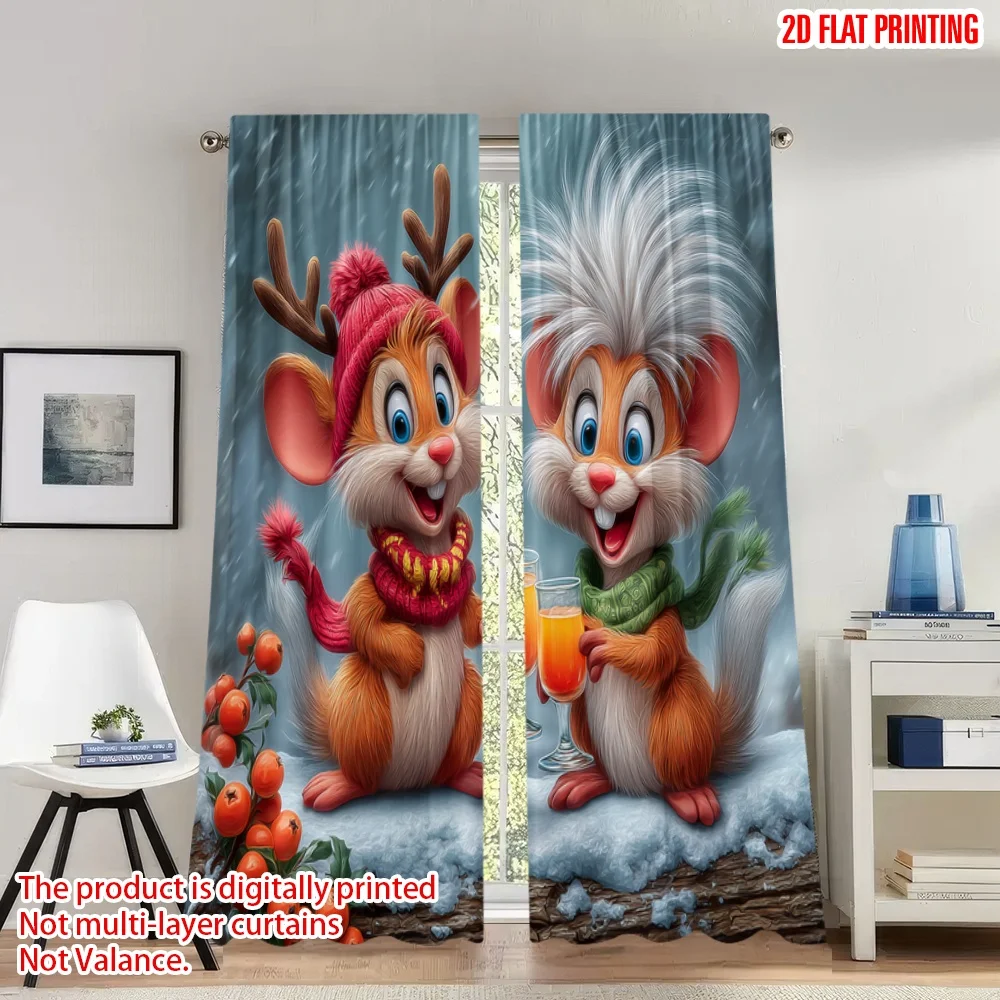 

2pcs 2D flat printing Merry Christmas Party Curtains Cute Christmas Animals Festive Drinks Digital Printed Polyester Drapes
