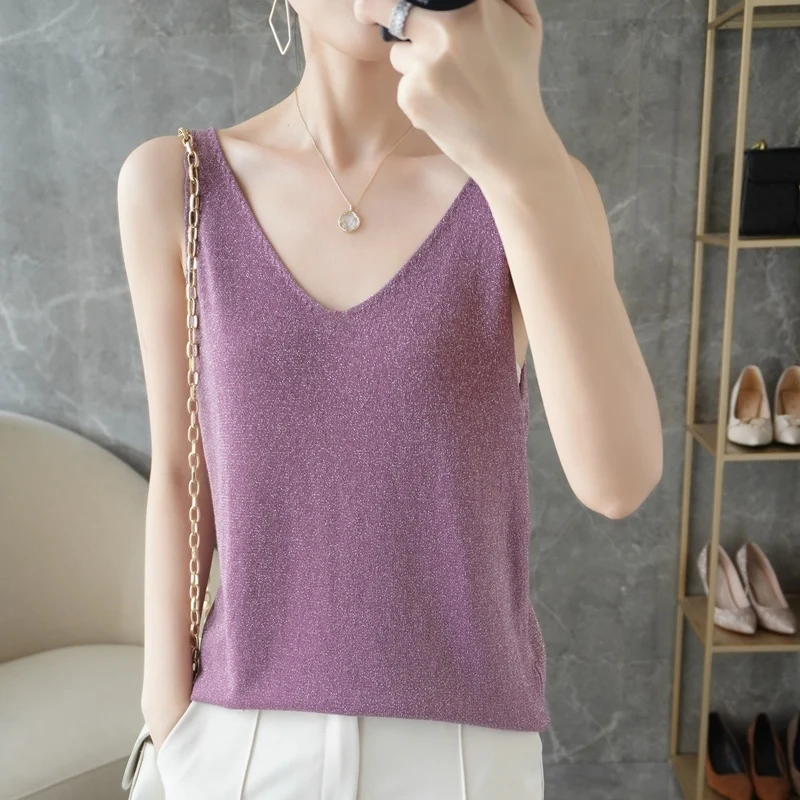 Ice Silk Short Sleeve T-Shirt Women's Loose Knitted Shiny Thread V-Neck Slimming Versatile  Color Top Summer New Arrival