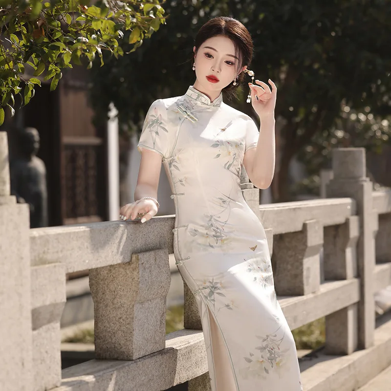 Baru musim semi dan musim panas Catwalk foto lapisan ganda gaya Cina Retro temperamen Cheongsam panjang