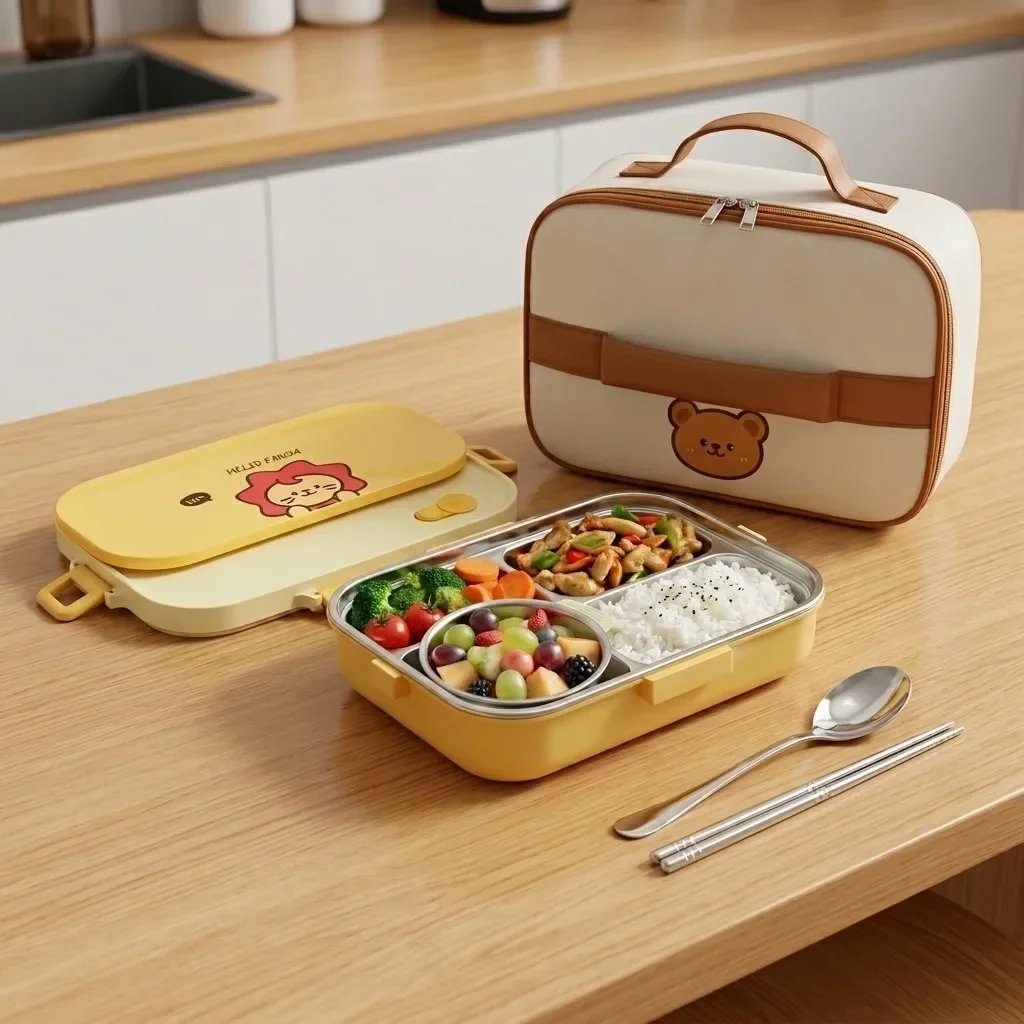 Microwavable 304 Stainless Steel Bento Box Set Kids Adult Lunch Box with Thermal Bag Compartments Cutlery Food Storage Container