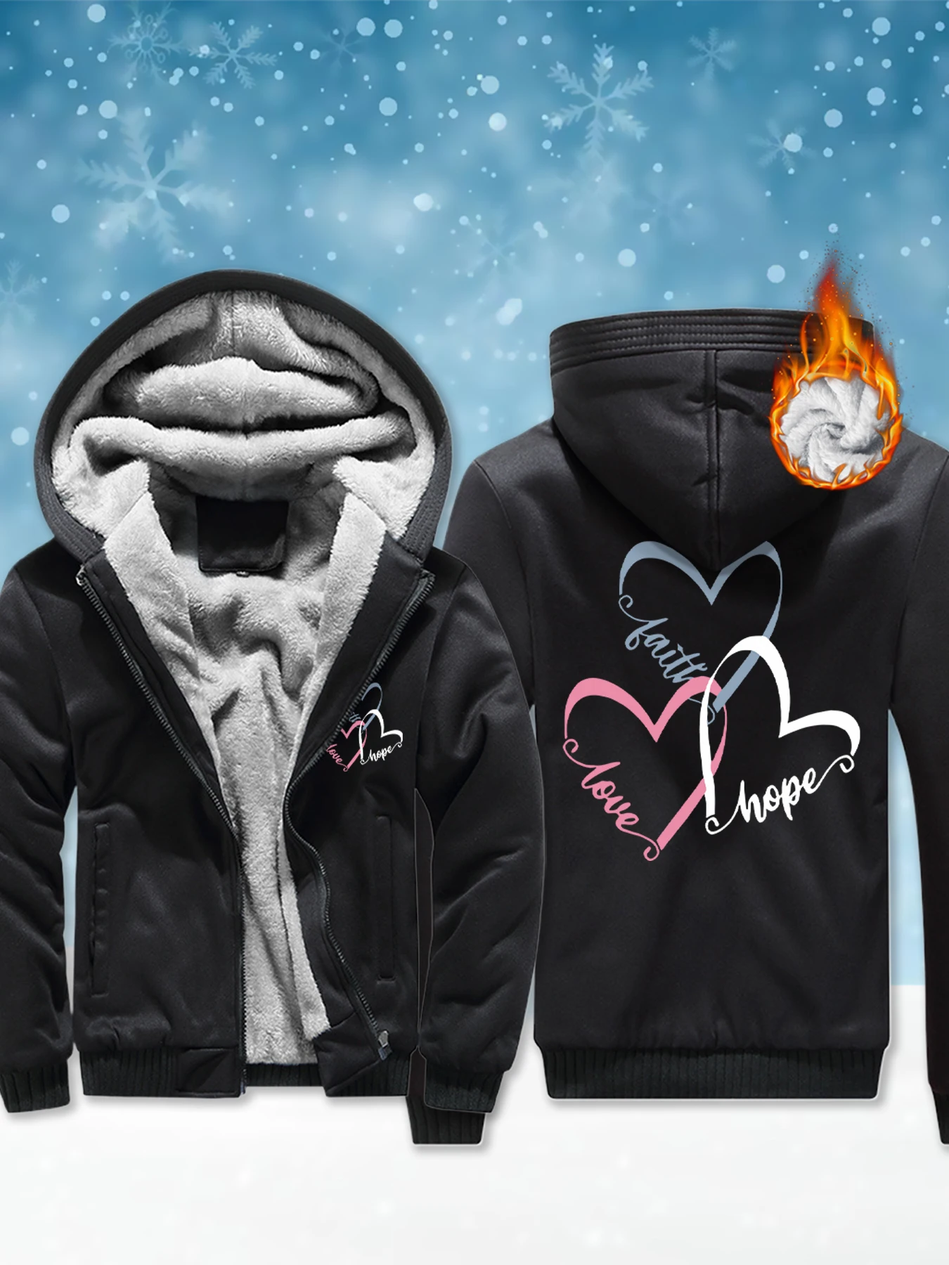

Faith Hope Love Creative Love Printed Mens Streetwear Thick Casual Hooded Jacket Soft Warm Coat Fleece Outdoor Winter Hoodie