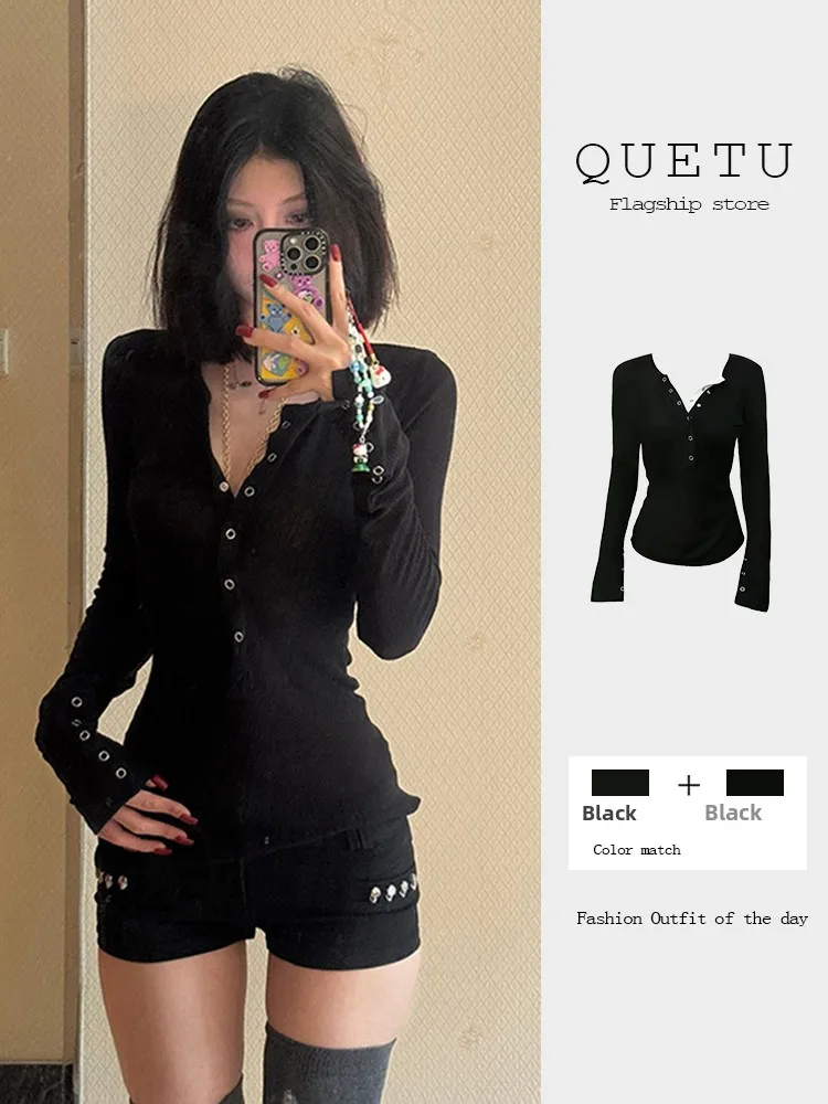 Slim Fit Long Sleeve V-Neck T-Shirt Women's Style Commute Fashion Black Base Shirt Inner Wear Outer Wear Autumn New Arrival