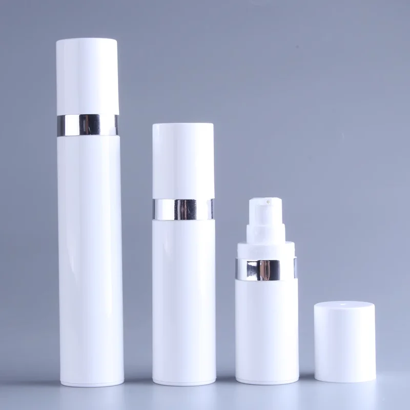 15ml 30ml 50ml branco airless garrafa de vácuo fundação de maquiagem e soros vazio recarregável recipiente de produtos de higiene pessoal bomba de prata