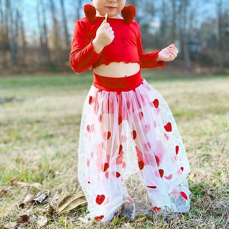 1-6Y Kids Girls Valentine Day Outfits Long Sleeve  Solid Color Crop T shirt Tops See Through Mesh Heart Half Dress with Shorts