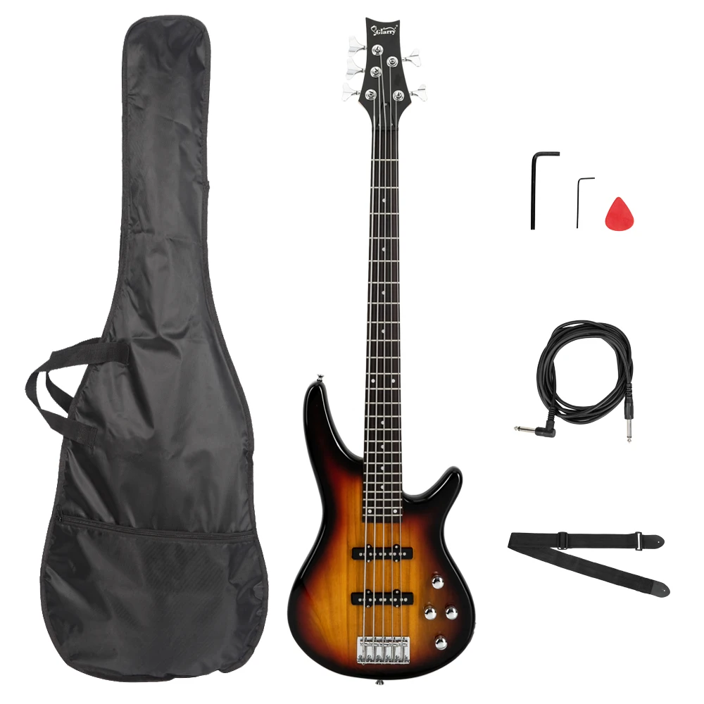 GIB Electric 5 String Bass Guitar Full Size Bag Strap Pick Connector Wrench Tool Sunset Color